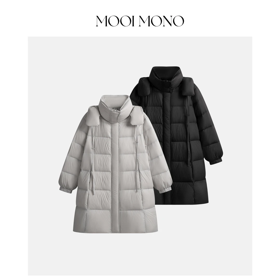 MOOI MONO“暖冬序曲”显瘦时尚保暖设计感中长款连帽羽绒服Y936J54