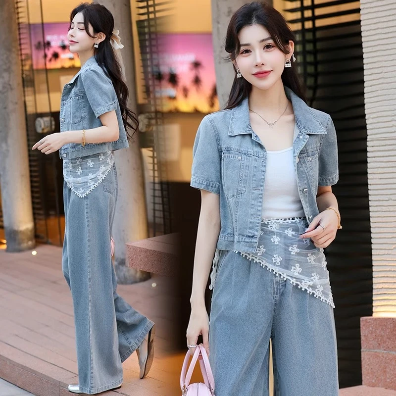 洋气牛仔套装女夏薄2025夏季新款洋气个性牛仔阔腿裤短外套两件套