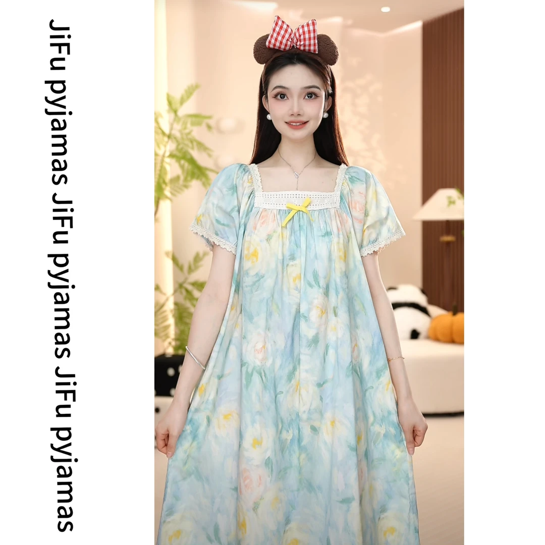 【梦幻玫瑰】短袖睡裙宽松透气时尚休闲睡衣女中长款夏季