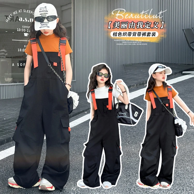 儿童女套装时尚洋气时髦女童背带工装裤子夏季新款2025年炸街夏装