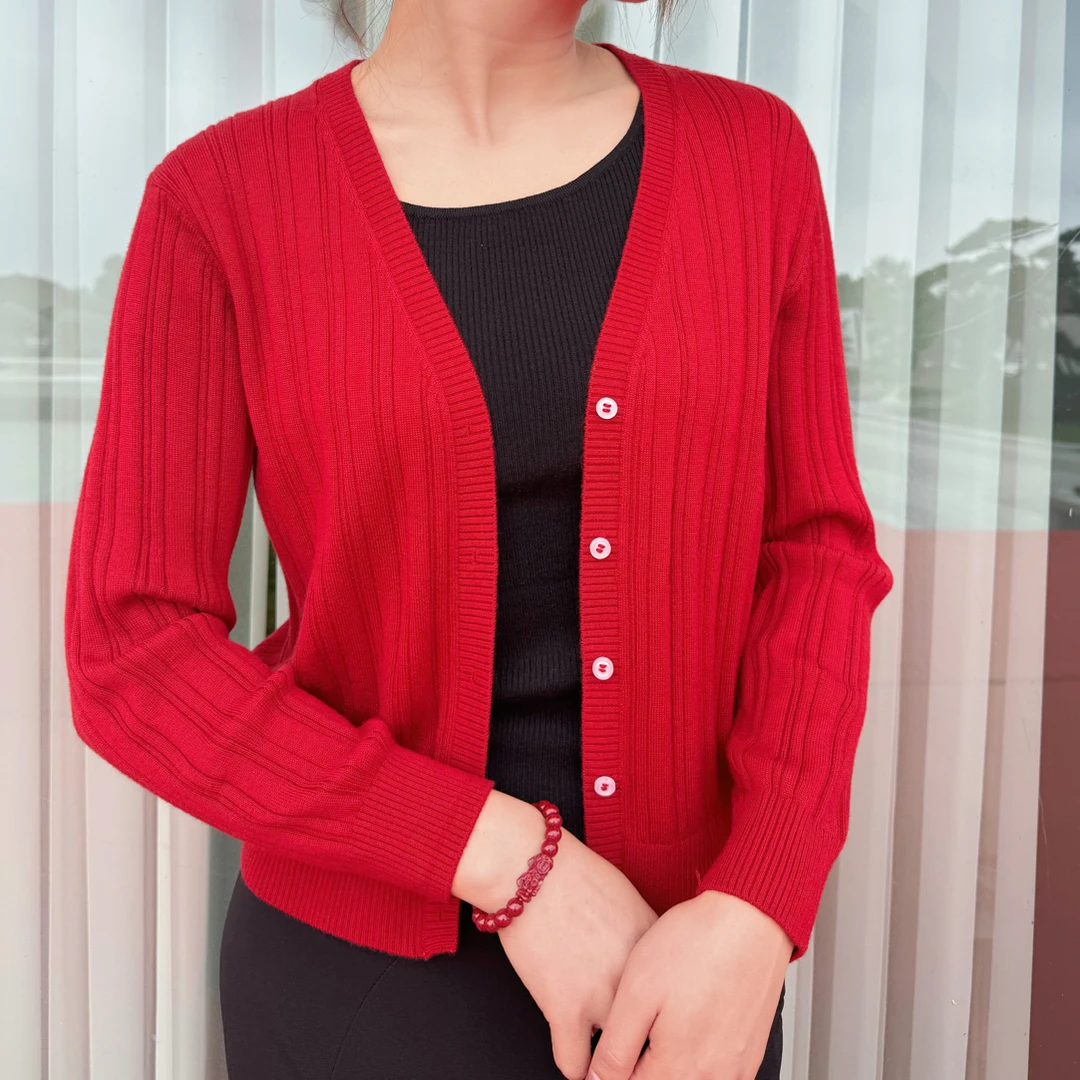 短款常规针织V领开衫纯色薄款纯羊毛时尚百搭女士宽松春秋长袖