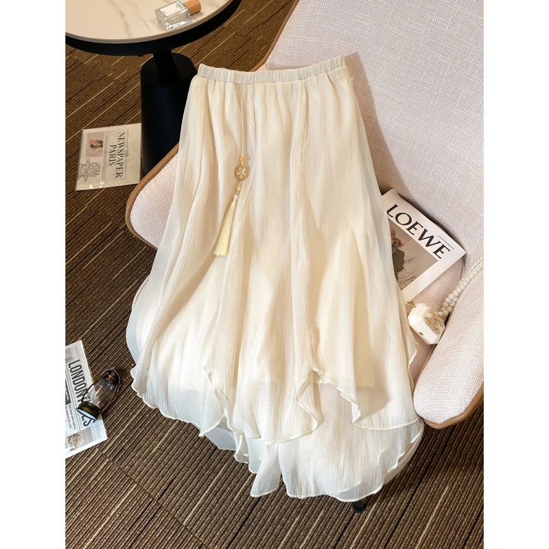 新中式杏色半身裙女2024春夏荷叶边不规则中长裙a字雪纺裙子11326