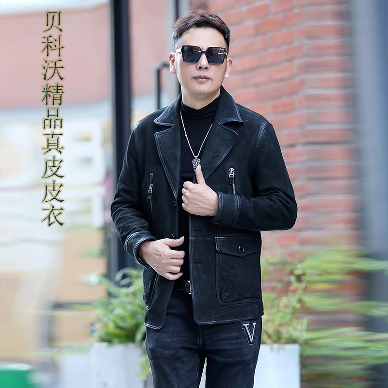 猎装款黑色皮衣中山羊皮春秋款重水洗潮流修身休闲真皮26056