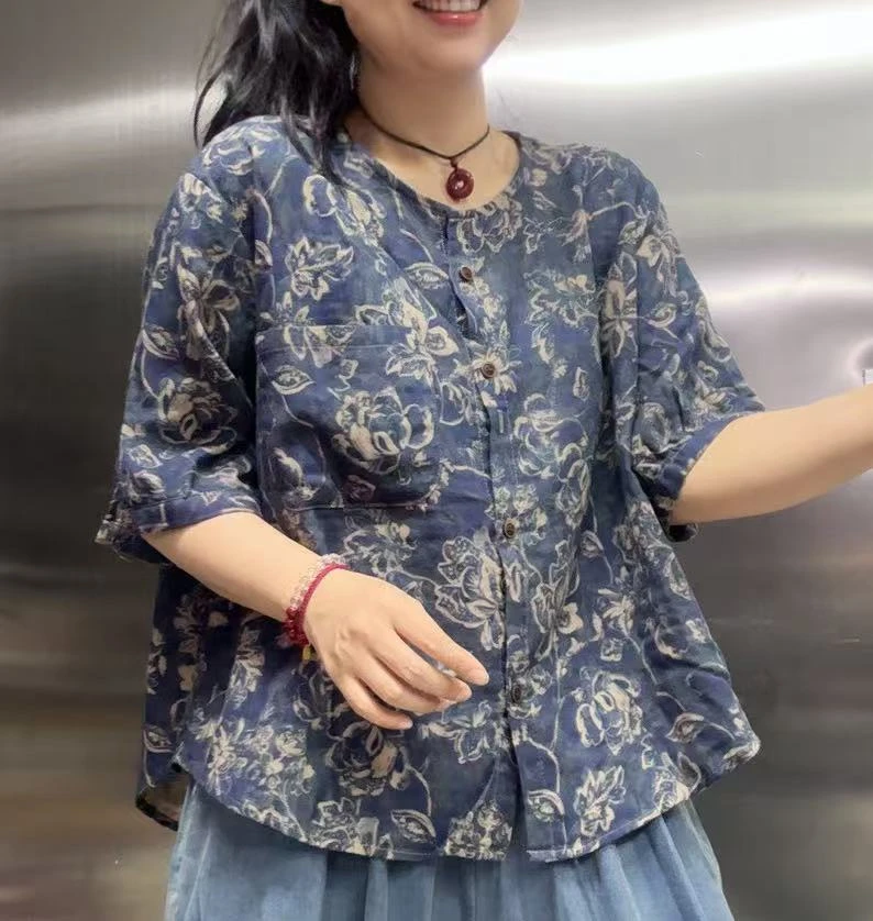 数码印双纱文艺复古上衣727790