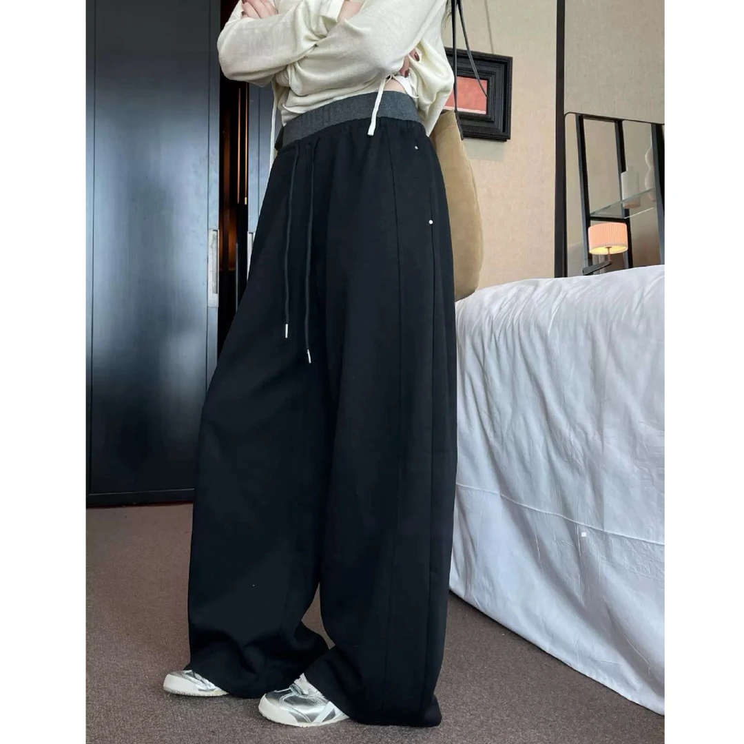 撞色拼接抽绳休闲裤女2025秋季新款高腰显瘦遮胯直筒阔腿拖地裤子