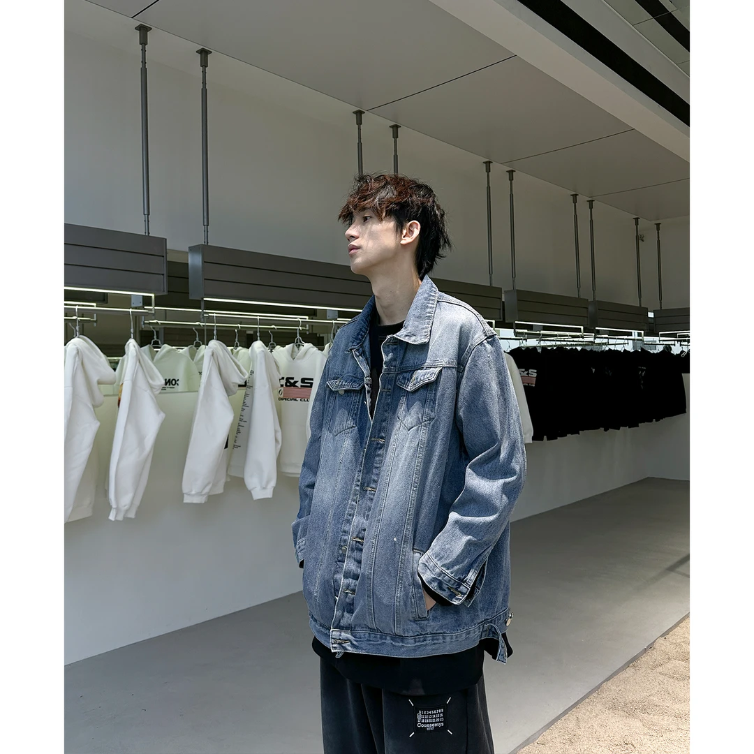 聪明陈 潮牌vibe高街宽松夹克外套设计感反光牛仔情侣衫80197