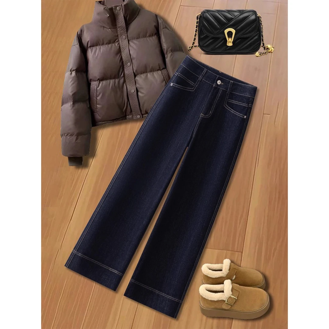 拉夏贝尔加绒直筒牛仔裤女秋冬季2025新款显瘦宽松九分窄版阔腿裤