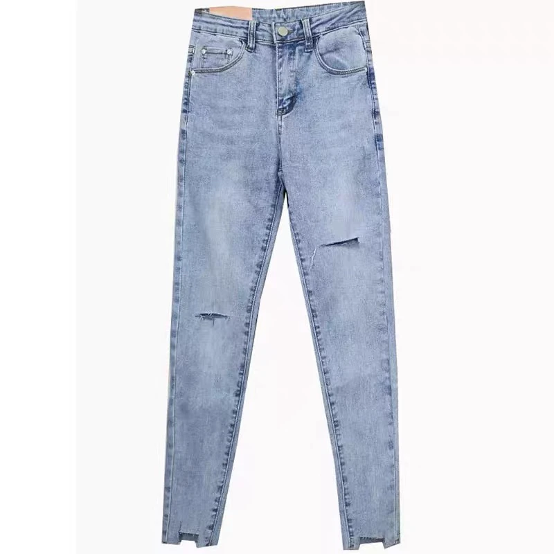 高腰显瘦破洞（微瑕疵不退不换）水洗女士牛仔长裤小脚直筒九分裤春