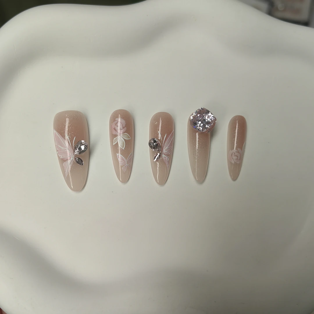 巴仑美【梦鸳蝶】设计师款 梦与蝶花 纯手工可重复穿戴美甲 5A锆石