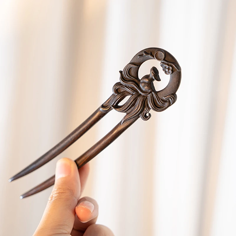 Zang又一雪 九尾木钗 双面雕檀木u型簪子古风盘发中式高级感简约