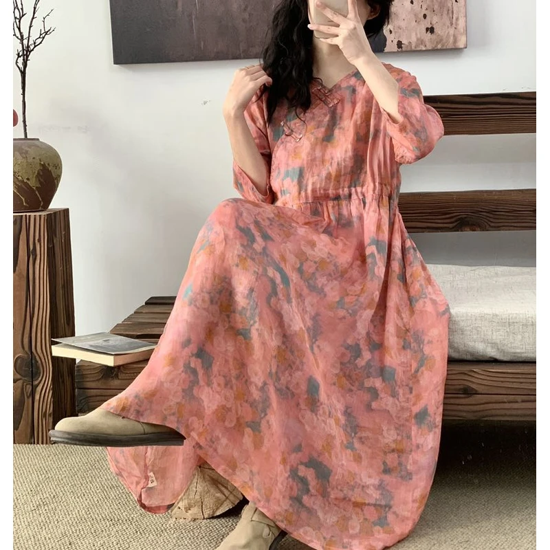 （有内衬）V领苎麻刺绣斜襟盘扣七分袖连衣裙女长裙77+ 7759