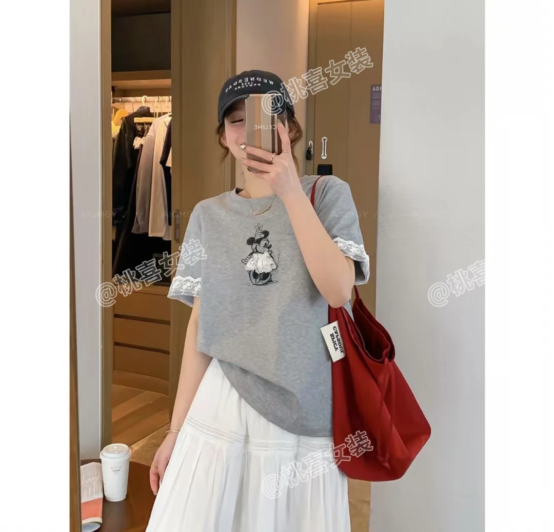 拼接蕾丝边洋气纯棉百搭短袖T恤