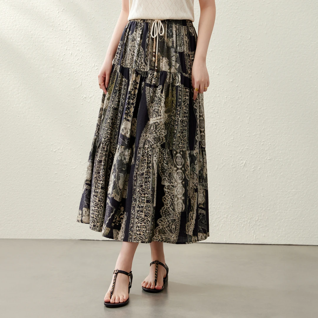 【莱赛尔复古洋气半身裙】纤莉秀W大码女装印花时尚显瘦百搭QK2297