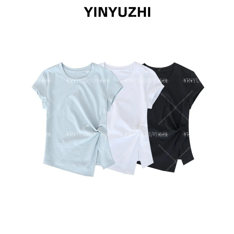 YINYUZHI/吟雨枝凉感不规则T恤抽褶下摆显瘦遮肉洋气短袖59011