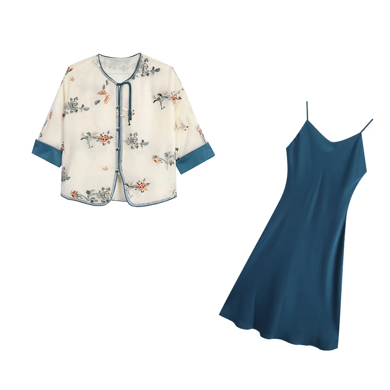 橘子-五季家夏季时尚气质国风显白湖蓝色两件套ZL106752套装