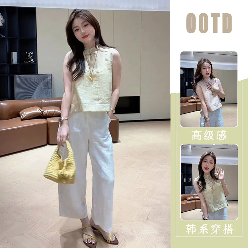 2025夏季新款中国风纯色时尚套装新中式减龄简约休闲风无袖上衣女
