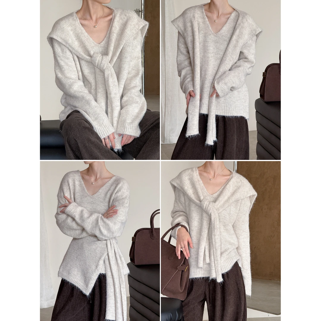 秋冬新款慵懒风女装设计感羊毛衫女高级感针织衫毛衣＋披肩两件套
