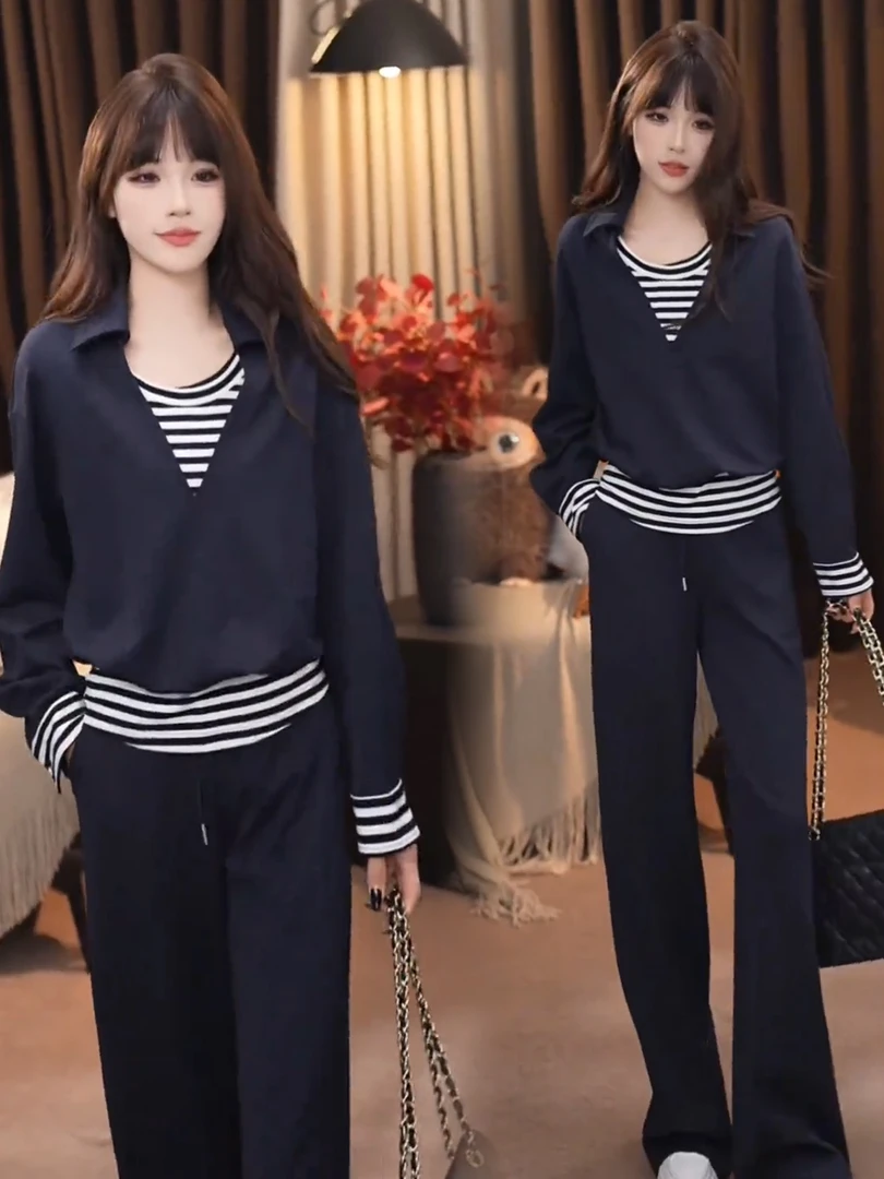 时尚套装女2025秋季新款洋气显瘦假两件拼接长袖卫衣阔腿裤两件套