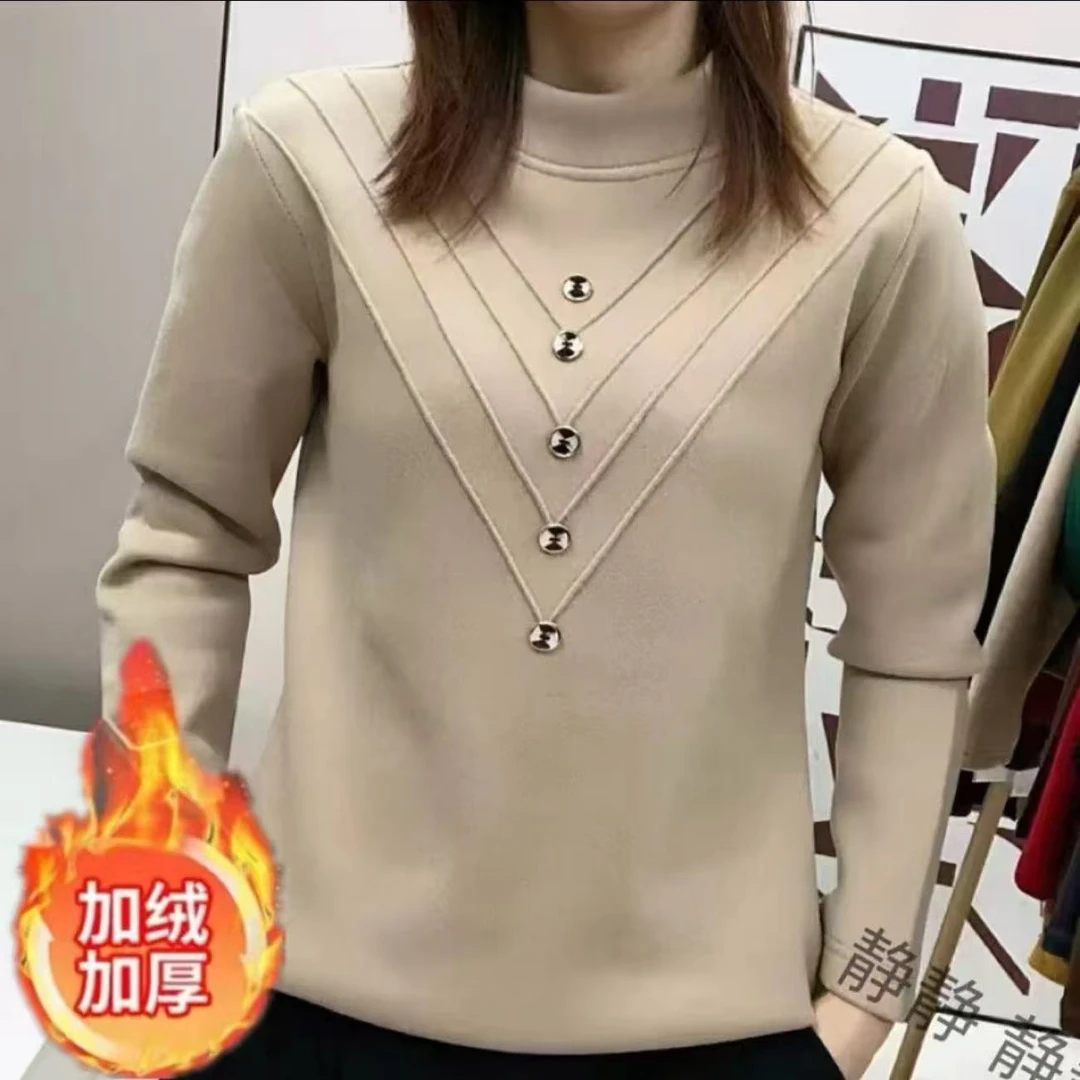 圆领上衣秋冬加厚加绒打底衫冬季假两件女保暖内搭卫衣T恤