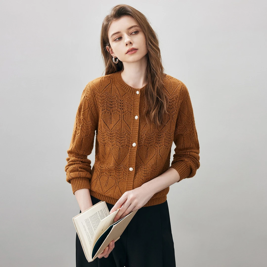 【琥珀流光】25秋冬镂空外套针织百搭绵羊毛提花上衣女KST5042