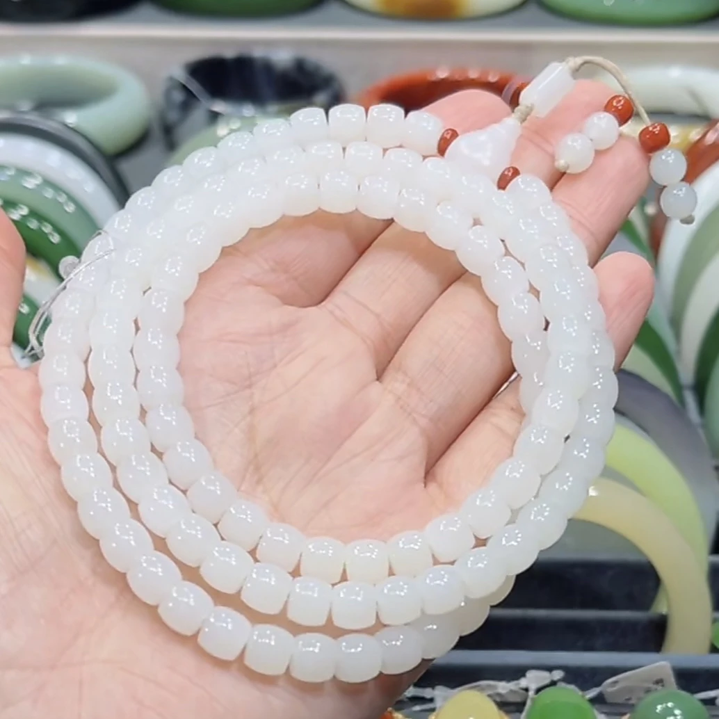 和田玉新疆且末白玉多圈项链6x7mm直切