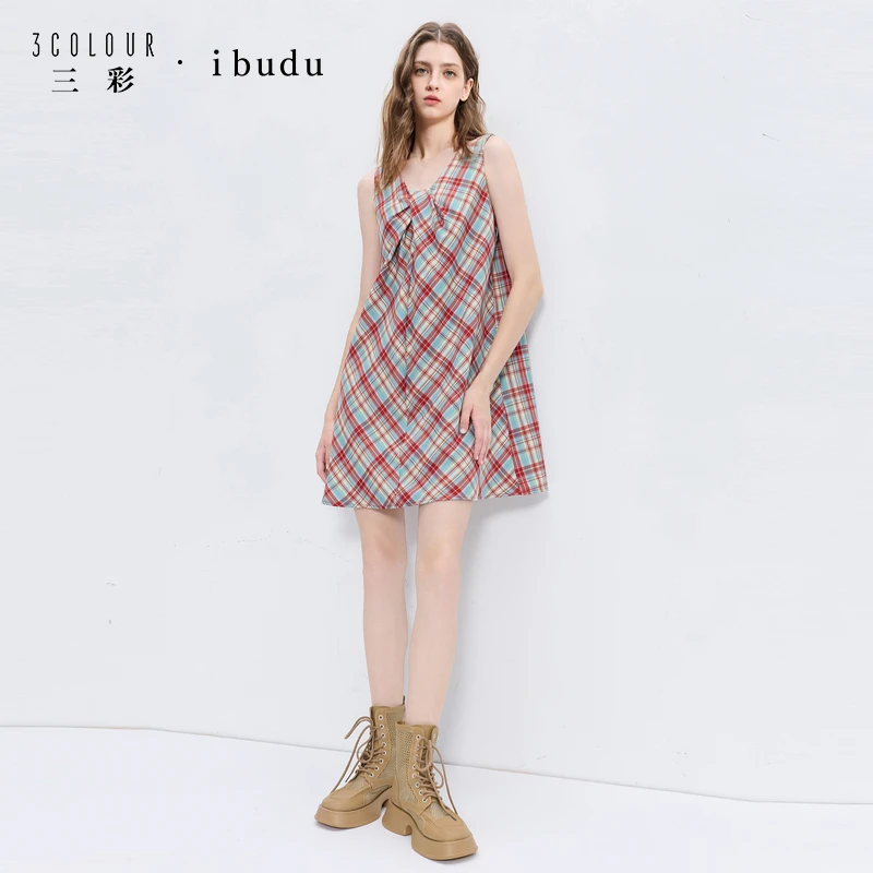 三彩ibudu2025秋季新款格纹连衣裙无袖解构扭结A字裙女