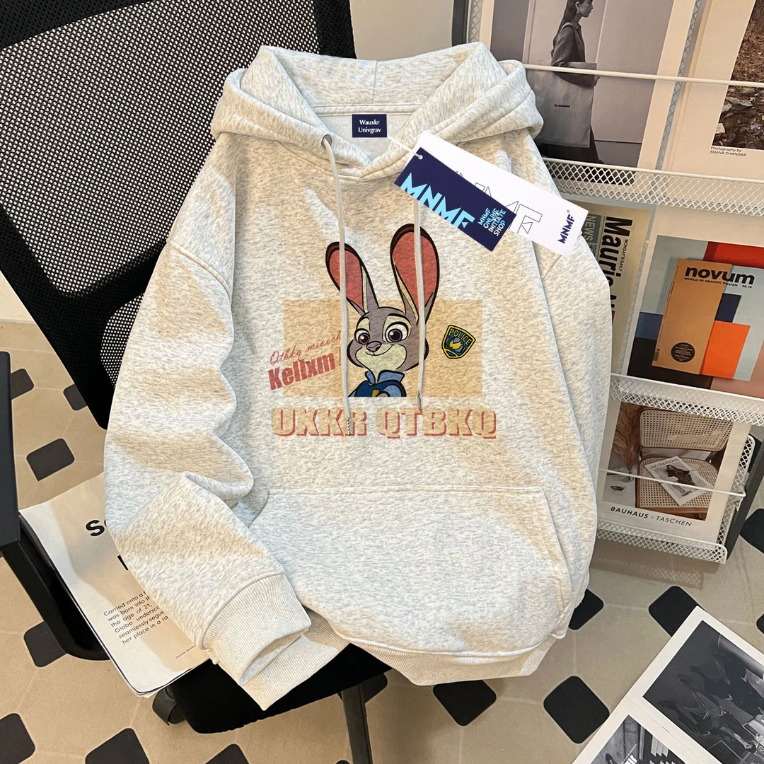 秋冬季新款男女童卡通疯狂动物城印花加绒连帽卫衣百搭中大童上衣