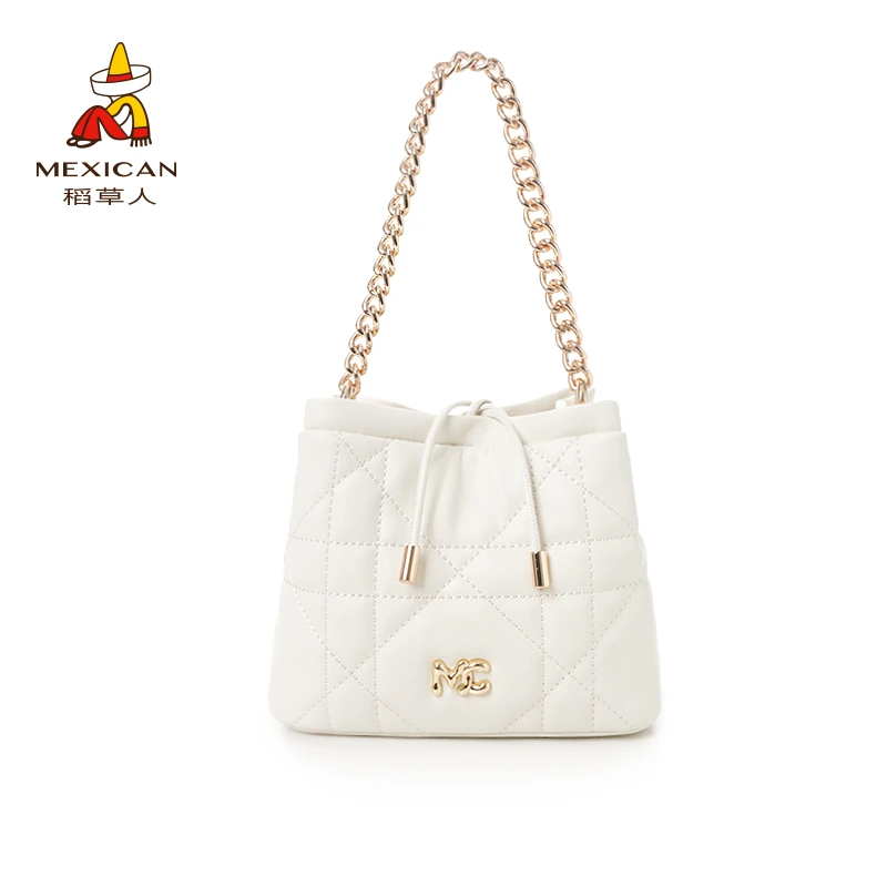 稻草人夏季新款真皮牛皮小香风菱格水桶包单肩斜挎时尚百搭女包