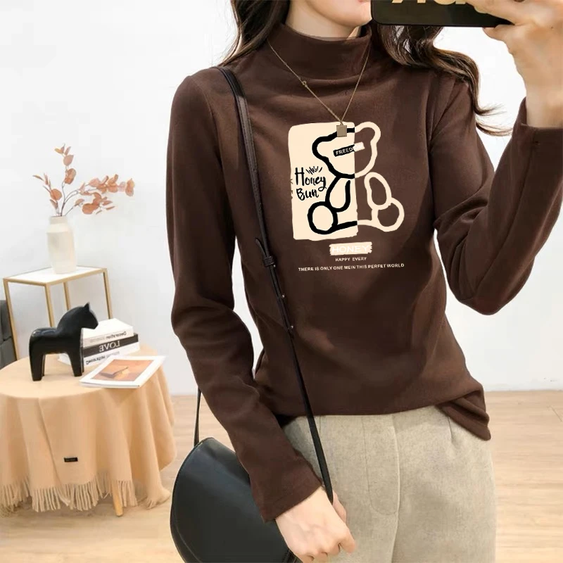 德绒加绒加厚保暖半高领长袖t恤女秋冬季磨毛内搭上衣百搭打底衫