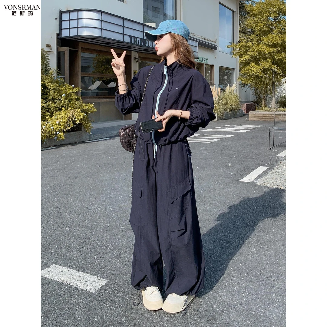 藏青色休闲运动套装女秋季2025新款又酷又飒外套工装阔腿裤两件套