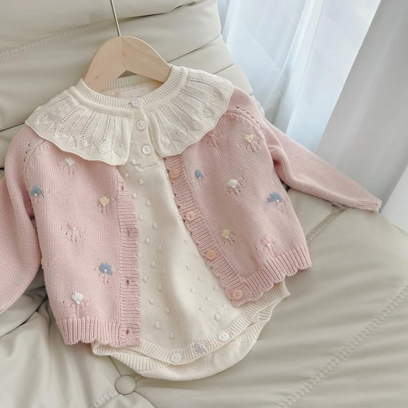 女宝宝春秋套装新款婴幼儿荷叶领针织洋气可爱公主包屁衣哈衣外套