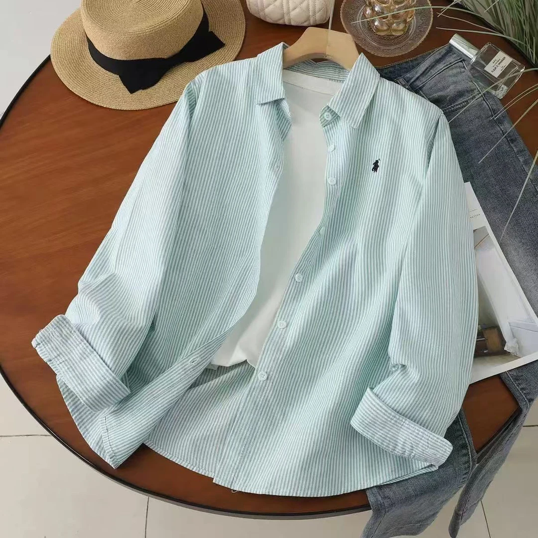 韩版Polo领棉质条纹刺绣衬衫女2025春秋显瘦长袖外套