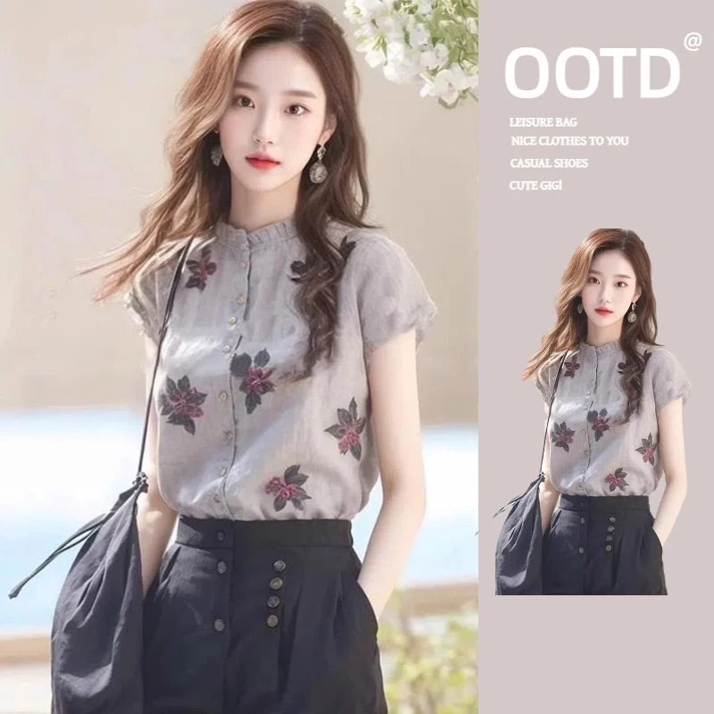 新款短袖衬衫女设计衣服炸街洋气短袖衬衫夏季休闲衣服女慵懒风