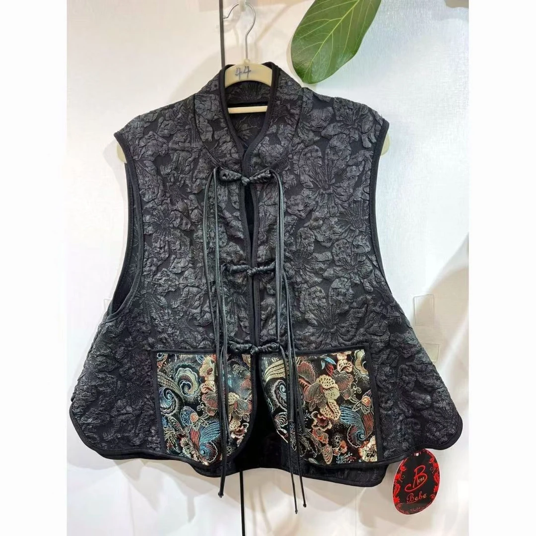 109新中式国风盘扣提花马甲女刺绣拼接显瘦洋气马夹外套背心坎肩