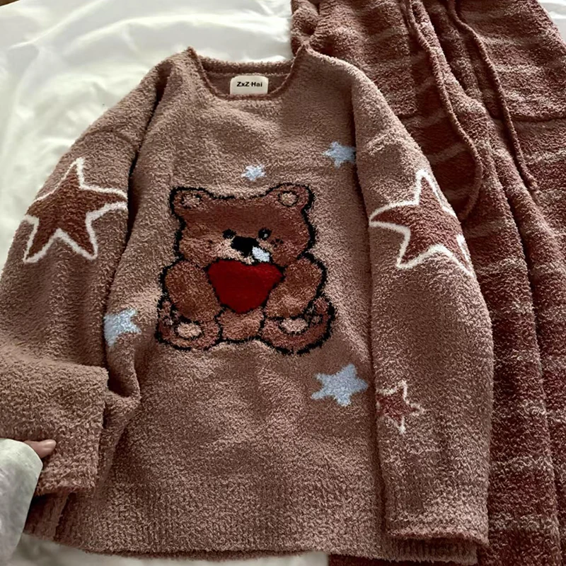 侘町2025新款焦糖星星熊睡衣套装女冬季半边绒保暖卡通家居服套装