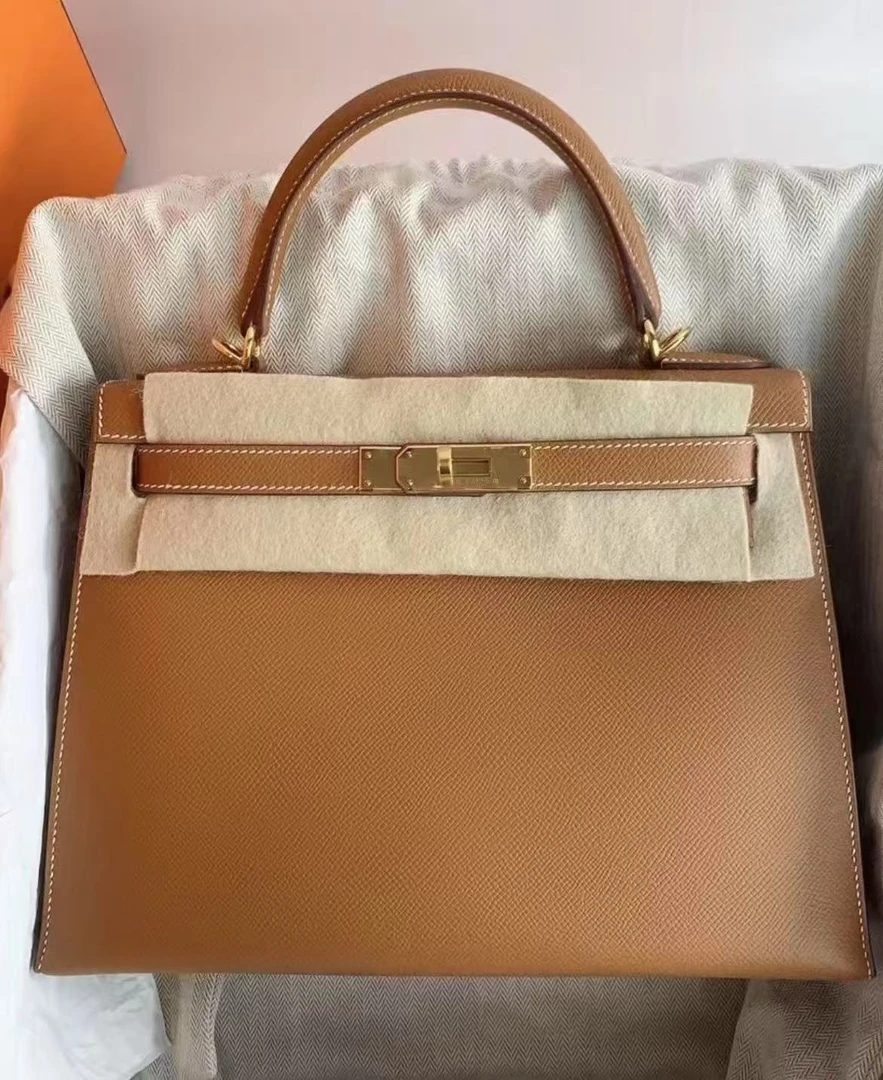未使用 Hermes/爱马仕 蔚蓝/金棕手柄 kelly 28 U刻 手提包