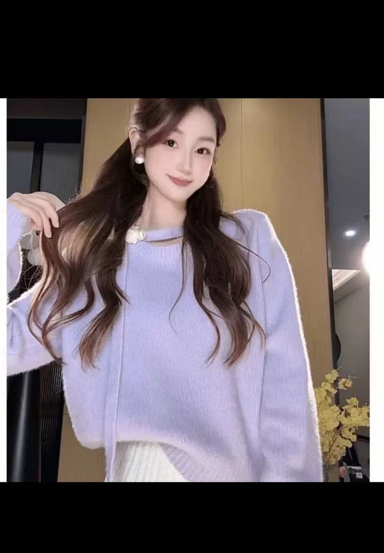 亲肤软糯水貂绒针织毛衣套头春季上衣秋冬立体装饰宽松版高弹女