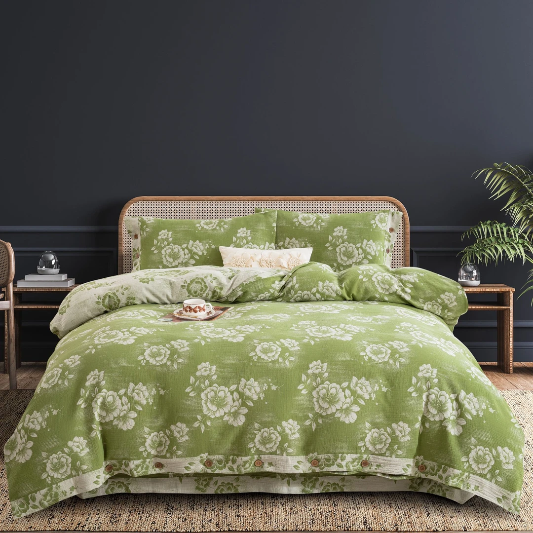 【云纱-绿】全棉提花双层纱四件套柔软亲肤四季透气百分百棉保暖糯A