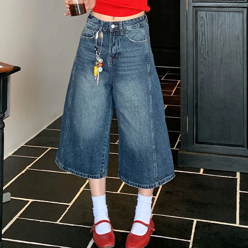 25年新款 美式百搭复古水洗做旧质感高腰宽松阔腿显瘦七分牛仔裤