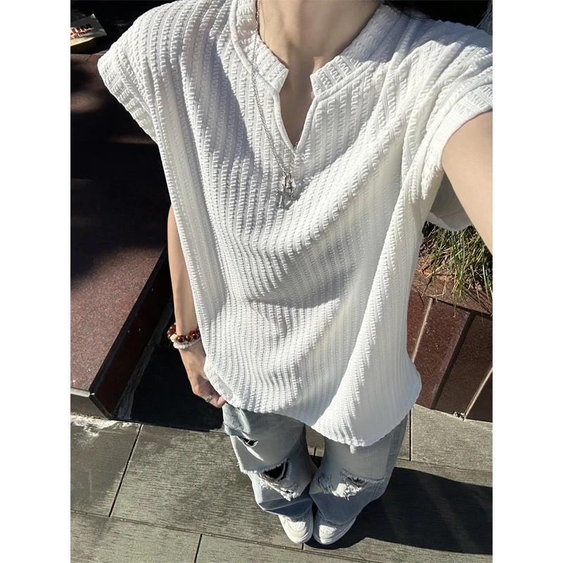 美式无袖背心男夏季薄款设计感小众肌理感V领T恤高级感痞帅老头衫