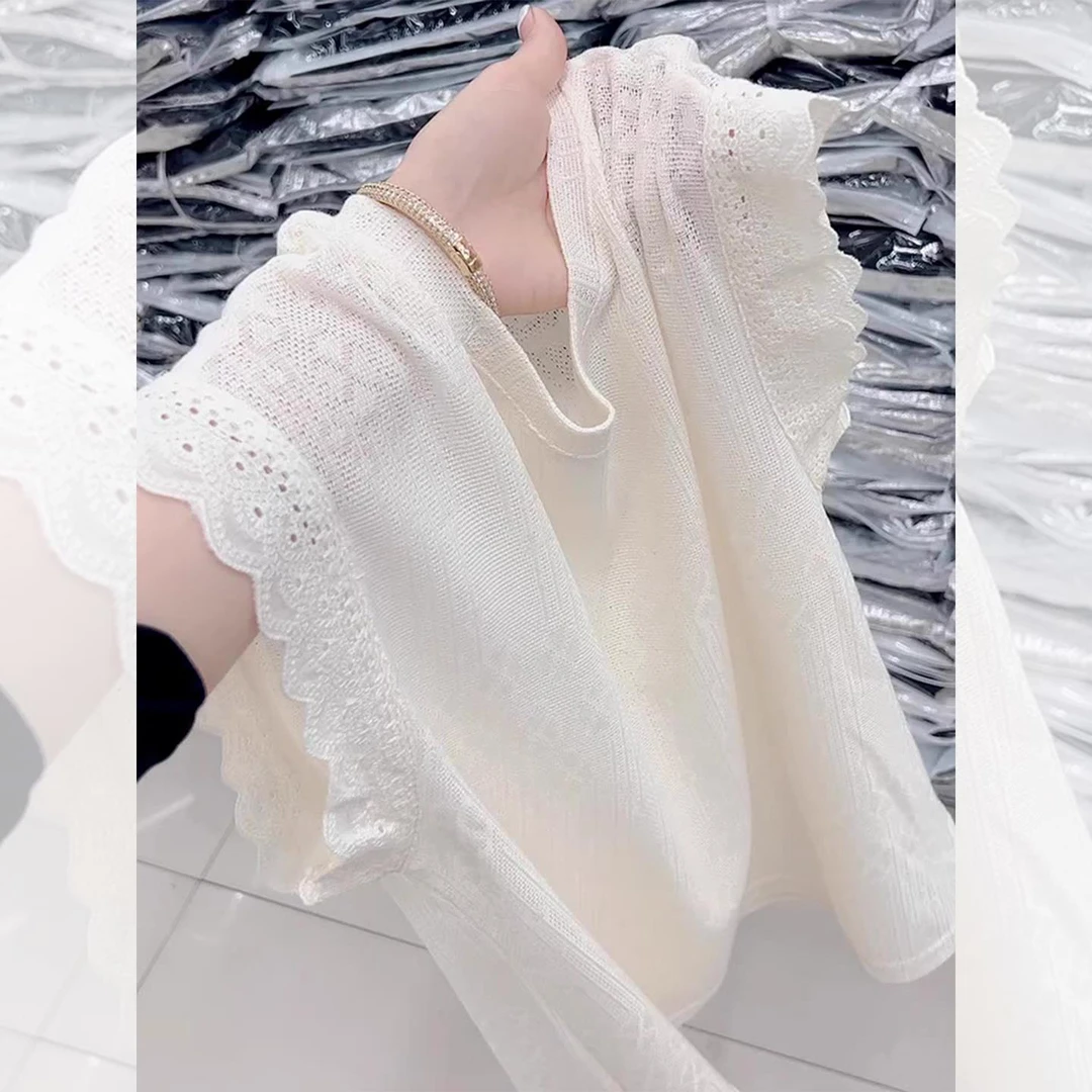 白色薄款花边设计感针织冰丝短袖T恤女夏季新款2025超火减龄上衣