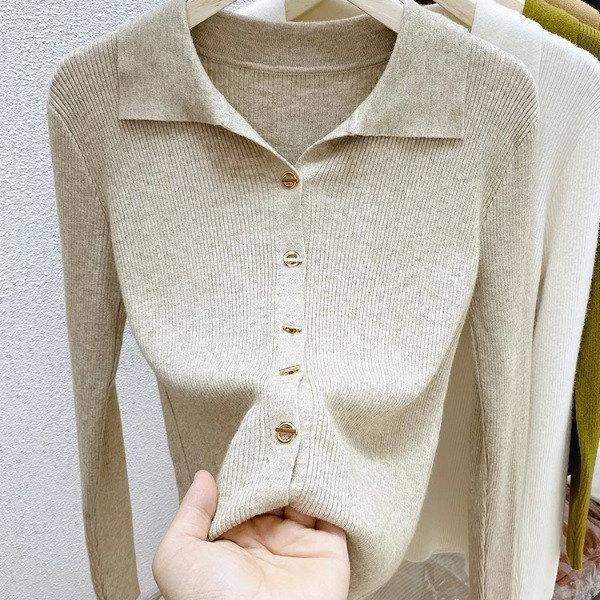 polo领针织打底衫女长袖春秋季外穿纯色翻领毛衣外套开衫洋气上