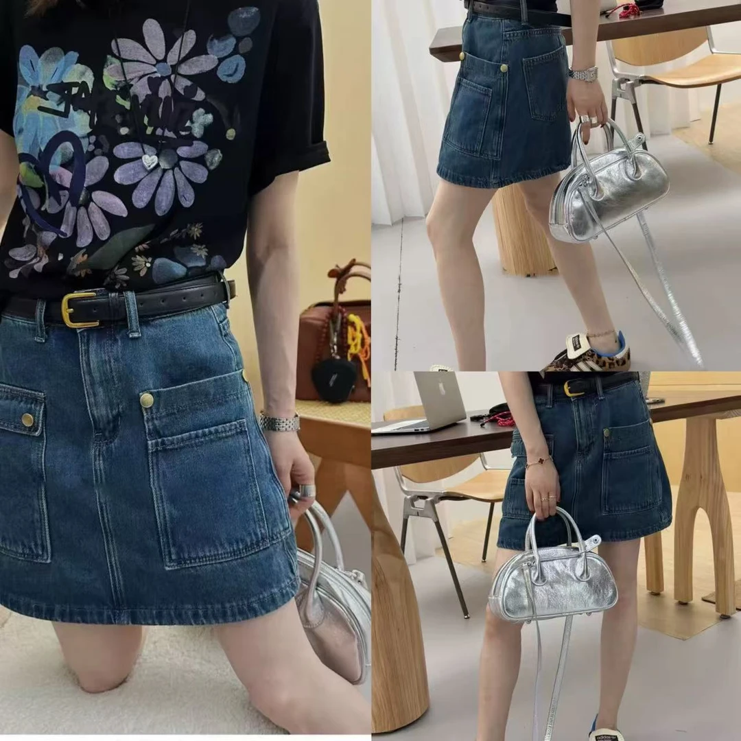东大门精选908款欧货夏季复古蓝大口袋半身牛仔裙