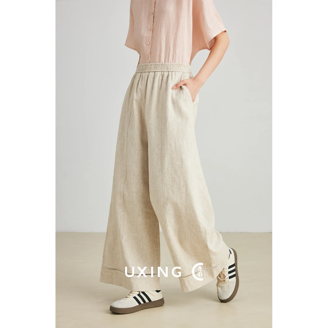 原形优雅苎麻阔腿裤2025春夏季新款时尚简约气质拼接休闲裤91391