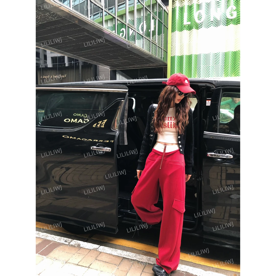 LI婉君【拼接腰头】早春韩版拉链显瘦阔腿宽松休闲裤LWJ25A1K038