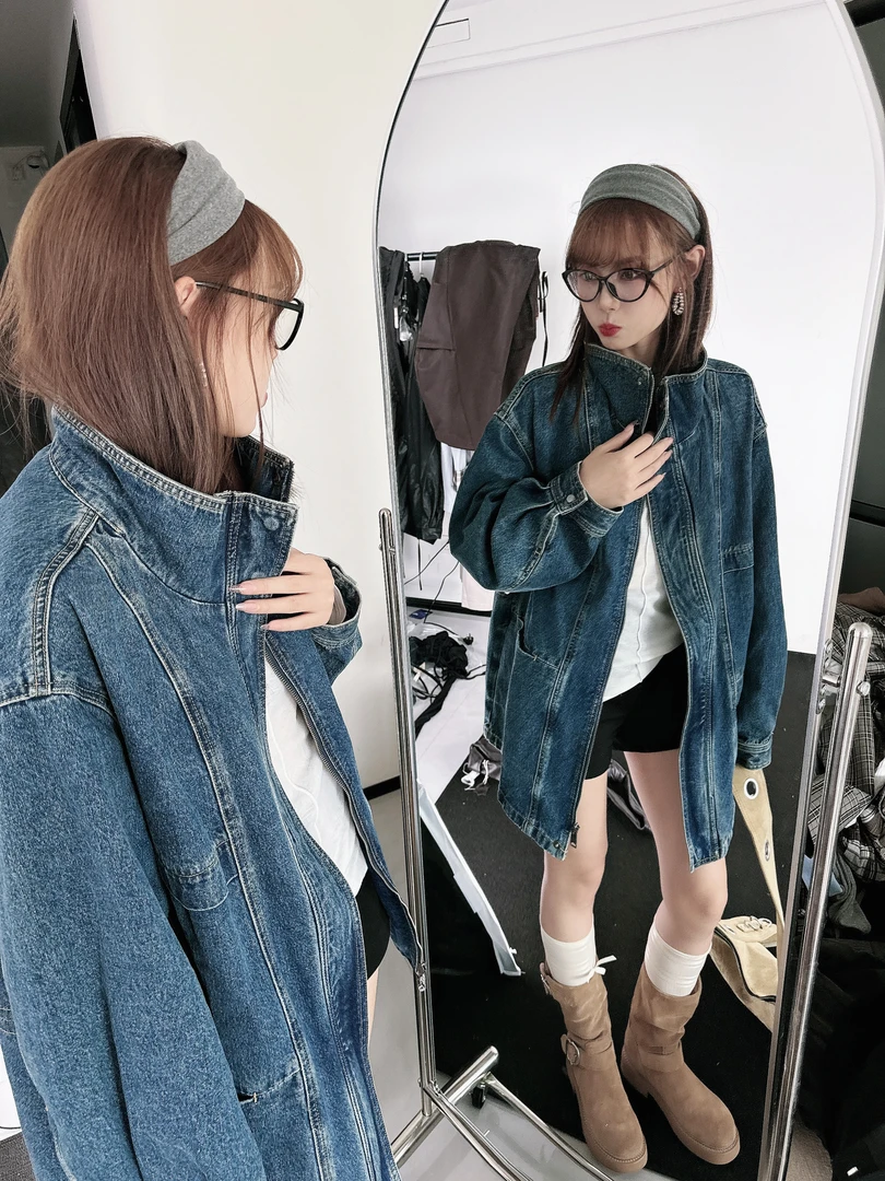 韩国慵懒风2025秋美式复古做旧宽松休闲立领抽绳中长款牛仔外套女