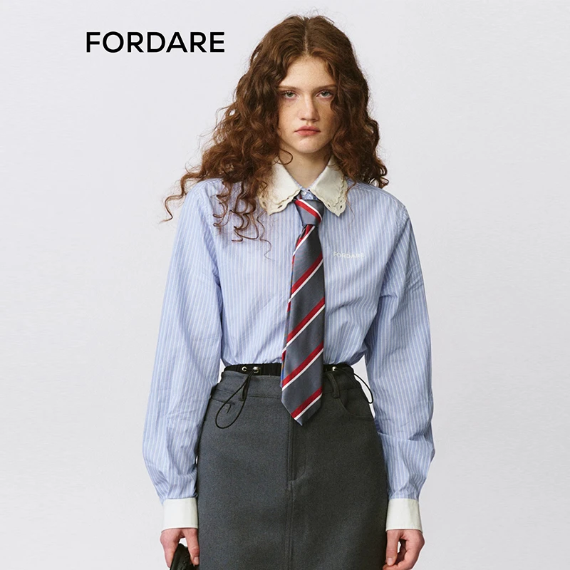 FORDARE/福蝶25早秋双层镂空领短款条纹衬衫