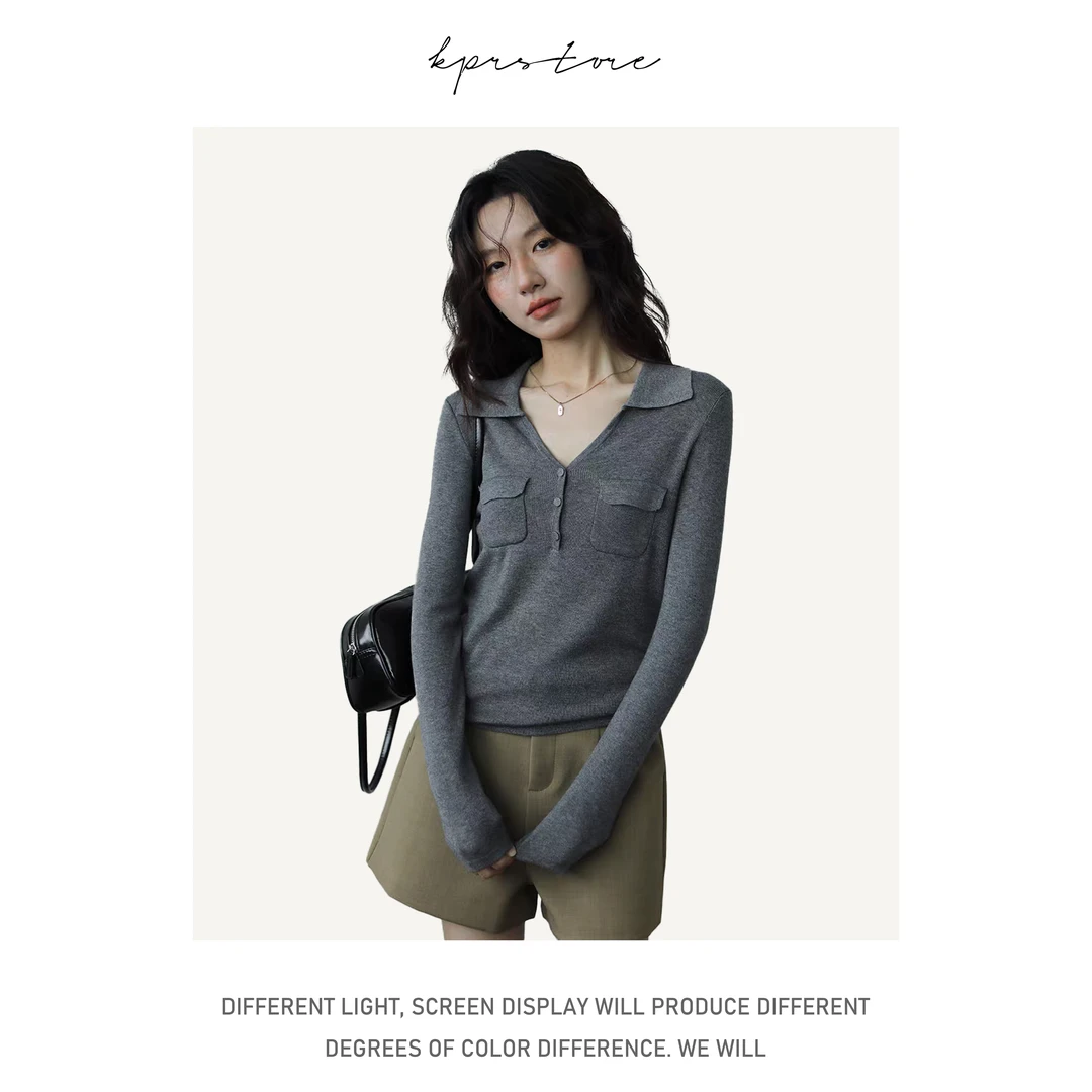 高智通勤感 羊毛气质翻领双口袋修身显瘦打底长袖针织衫