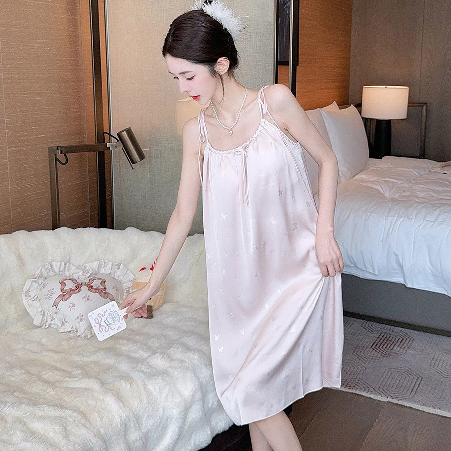 新款冰丝睡衣女夏季蝴蝶印花吊带睡裙带胸垫甜美可外穿长裙