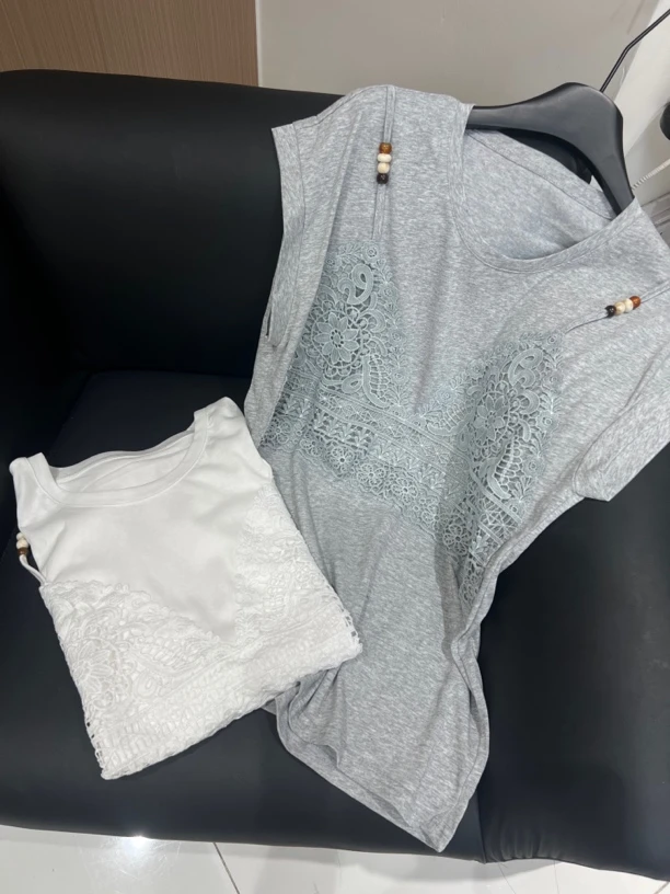 KW【蕾丝T】南油夏季圆领T恤针休闲风蕾丝短袖套装百搭宽松T恤